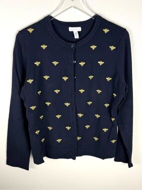 Charter Club Navy Cardigan Embroidered Bees